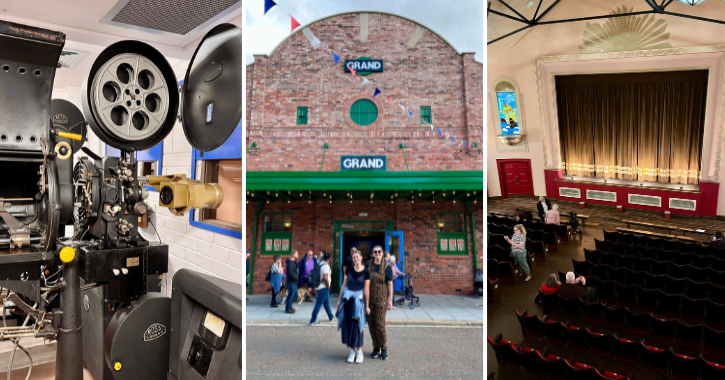 collages of images - 1950s movie camera, view of the grand cinema at Beamish Museum and inside the cinema seating and screen area.